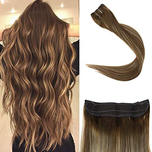 Full Shine Balayage Color #4 Fading to Color #24 Blonde and Color #4 Medium Brown 20 Inch Secret Fish Line Flip Extensions Remy Human Hair 100g Per Set Invisible Hairpiece