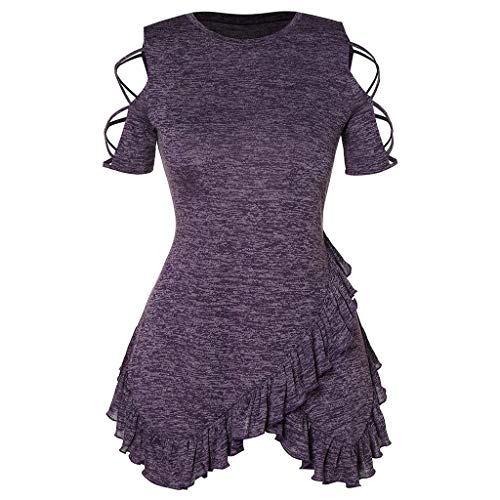Duseedik Women's Summer Tops Plus Size Blouse Casual Strapless Cross Straps Ruffled Tailored T-Shirt Tunic Tank Tops Purple