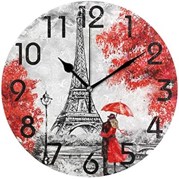 Naanle Trendy Romantic Eiffel Tower Paris Painting Print Round Wall Clock, 9.5 Inch Battery Operated Quartz Analog Quiet Desk Clock for Home,Office,School