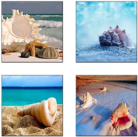 SimonfineUs Art Sea Ocean Landscape with Seashell Conch Starfish Beach Pictures Photo Prints on Canvas Paintings, Modern Seaview Design Walls Artwork for Bathroom House Decor,12x12 inchx4pcs