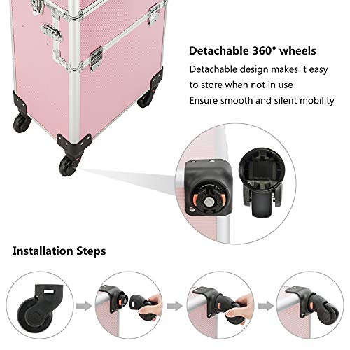 2 in 1 Rolling Makeup Train Case, Makeup Travel Organizer Cosmetic Case, Aluminum Cosmetology Display Suitcase on Wheels, Beauty Storage Luggage Lockable w/4 Removable Wheels (Pink) - Thumbnail 5