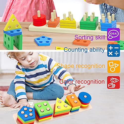 Wooden Sorting & Stacking Toy Sensory Toys for Toddlers 3 in 1 Multi