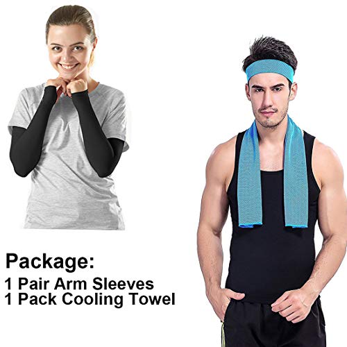 Talshy UV Protection Cooling Arm Sleeves Sports Armwarmers Covers Tattoo Thumb Holes with Cooling Towel for Men Women Boy Girls Cycling Running Basketball Football Golf Driving Black