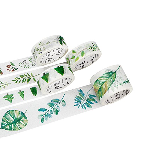 Washi Tape Crafts Set，Decorative Masking Tape Set Decor with Green Plants Patterns Binding Arts Tape Crafts for DIY Crafts and Gift Wrapping (Masking Tape + Tape Dispenser)