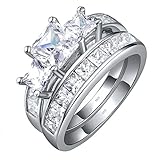 Sterling Silver Three Stone CZ Princess Cut Women's Wedding Engagement Bridal Ring Set