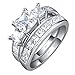 Sterling Silver Three Stone CZ Princess Cut Women's Wedding Engagement Bridal Ring Set