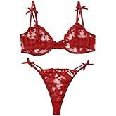 AnloveKiss Sexy Underwire Cute Push Up Strappy Embroidered Mesh Sheer Lingerie Set See Through Panty Bra