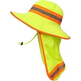 Men High Visibility Reflective Work Safety Sun Hat with Neck Flap Wide Brim Boonie UV Protection