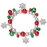 Christmas Jingle Bell Snowflake Bracelets for Women Dainty Green Red Bells Beaded Winter Flower Charm Stretch Strand Bangle Fashion Jewelry for Decoration Holiday Party 7"