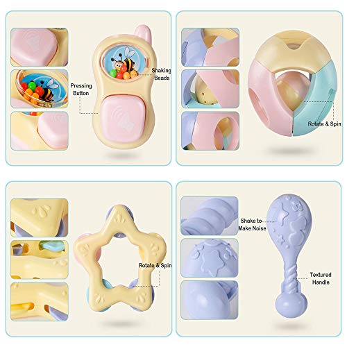 WISHTIME Baby Rattles Teether Baby Toys - Newborn Toys Rattle Musical Toy Set Shaker Grab and Spin Early Educational Toys for Baby Infant Newborn Gifts Set