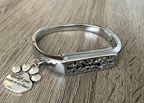 Silver Metal Bangle For Fitbit Flex 2 Fitness Activity Tracker Handmade Accessory Jewelry Fitbit Flex 2 Band With Silver You Left Paw Prints On My Heart Pet Charm Replacement Bracelet