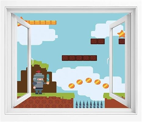 Amazon ビデオゲーム 偽窓ステッカー 絵画風 Pvc壁紙 1x80 Cm アーケードワールドキッズ90年代楽しいテーマナイト剣剣火玉ボーナススターコイン 窓ポスター インテリア 壁飾り 風景ステッカー 剥がせる多色 ウォールステッカー オンライン通販