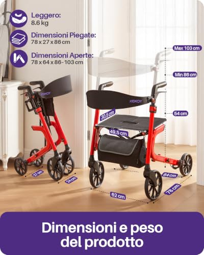 Kekoy Bariatrico Resistente Deambulatore per Anziani 4 Ruote, Pieghevole, 226 kg Portata, Sedile 50 cm Extra Largo, Ruote 25 cm Per Tutti I Terreni, Altezza Regolabile, Freni con Cavi Nascosti, Rosso