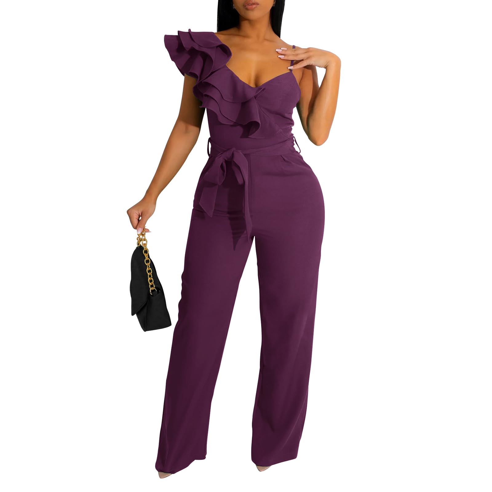 Photo 1 of kaimimei Womens Casual Jumpsuits V-Neck Sleeveless Ruffle Backless Belted Wide Leg Pant Sexy Romper Party Clubwear Deep Purple M