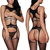 BOOMLEMON Women's Open Bust Bodystocking Crotchless Striped Lingerie Bodysuit Black
