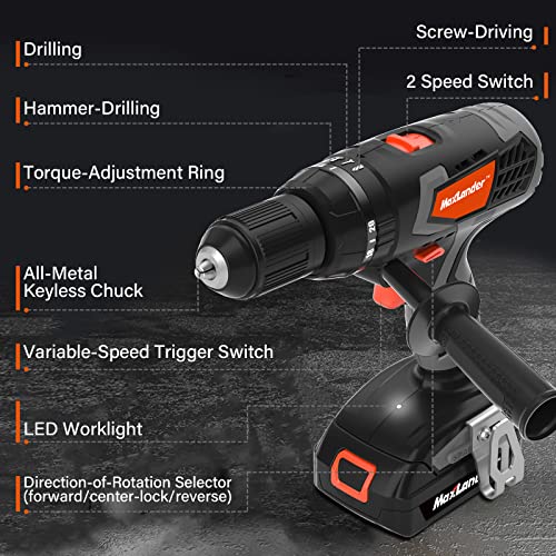 Cordless Drill, Maxlander 20V 1/2'' Drill Set with 2.0Ah Battery and Charger, Power Drill Cordless for Concrete Wall, Wood, Metal - Variable Speed