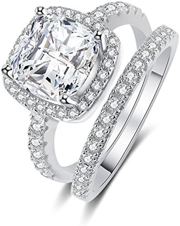 Panghoo 925 Solid Sterling Silver Anniversary Promise Bridal Band Engagement Wedding Ring Set. (6)