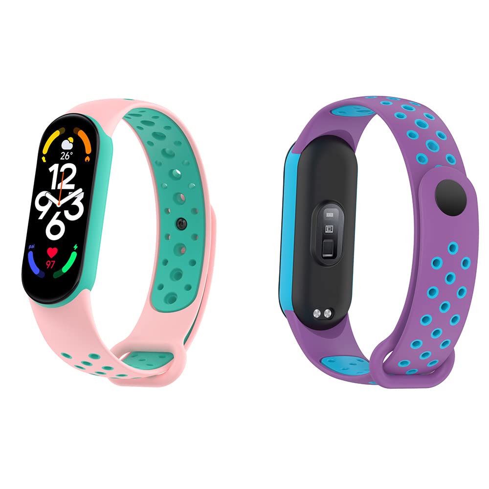BoLuo 2 Pack of Smart Watch Strap Compatible for Xiaomi Mi Band 7, Sport Silicone WatchBand Wrist Strap,Replacement Bracelet Wristband Wrist Strap for Xiaomi Mi Band 7 Accessories (pink purple)