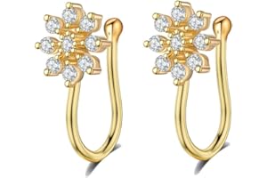 Niaspi 2Pcs CZ Flower Fake Nose Rings Stainless Steel Non Piercing Nose Rings Adjustable Clip On Nose Cuff Gold/Silver Floral Fake Nose Jewelry