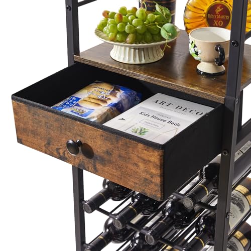 IBUYKE TMJ905H Wine Bottle Rack with Glass Door and Drawer, Brown | Countertop Bottle Storage with Shelf for Kitchen Bar Dining Room 16 Bottles