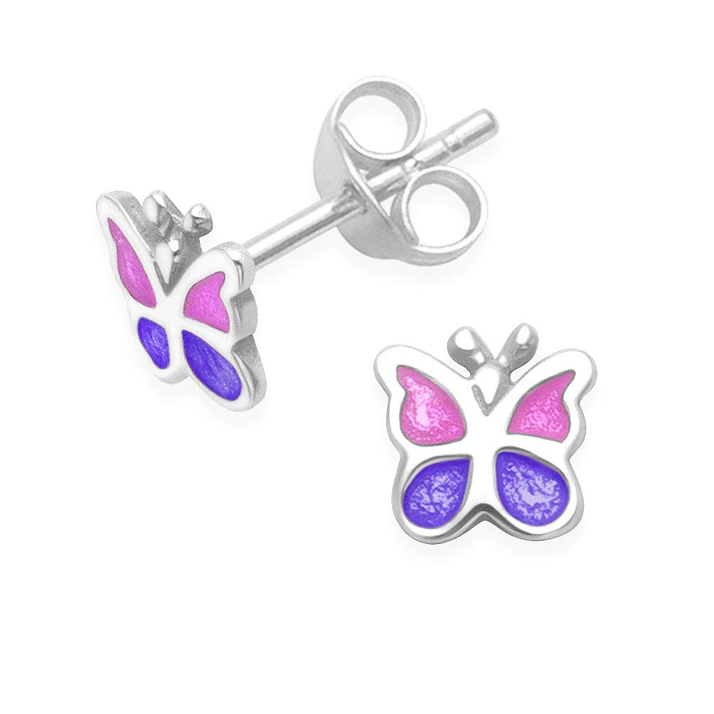 Heather Needham Sterling Silver Childrens Butterfly Earrings - Enamel Butterfly Stud Earrings Cerise Pink & Purple - SIZE: 6mm. Gift Boxed 5605PK