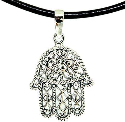 925 Sterling Silver HAMSA HAND Pendant + Black Shiny Leather 18-20 Inch 1.5mm. Necklace Lobster Clap Lock