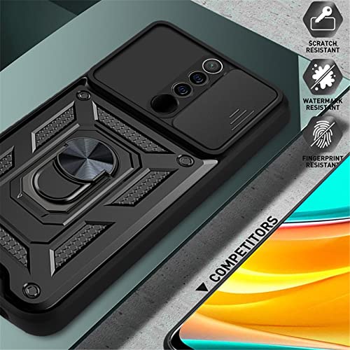 PANXIYUE Xiaomi Redmi 9 Case, Sliding Window Armoured Shockproof Dual Layer Hard PC and TPU Silicone with 360° Magnet Ring Stand Case Cover for Xiaomi Redmi 9, Black