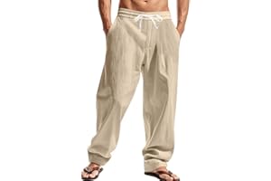 TAFLE Mens Linen Pants Casual Summer Beach Pants Elastic Waist Drawstring Lightweight Vacation Trousers with Pockets