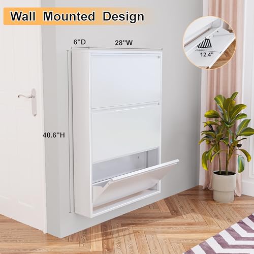 Shoe Cabinet Storage for Entryway, Narrow Shoe Storage Cabinet for Entryway Slim, White Metal Shoe Cabinet with 3 Flip Drawers, Wall Mounted