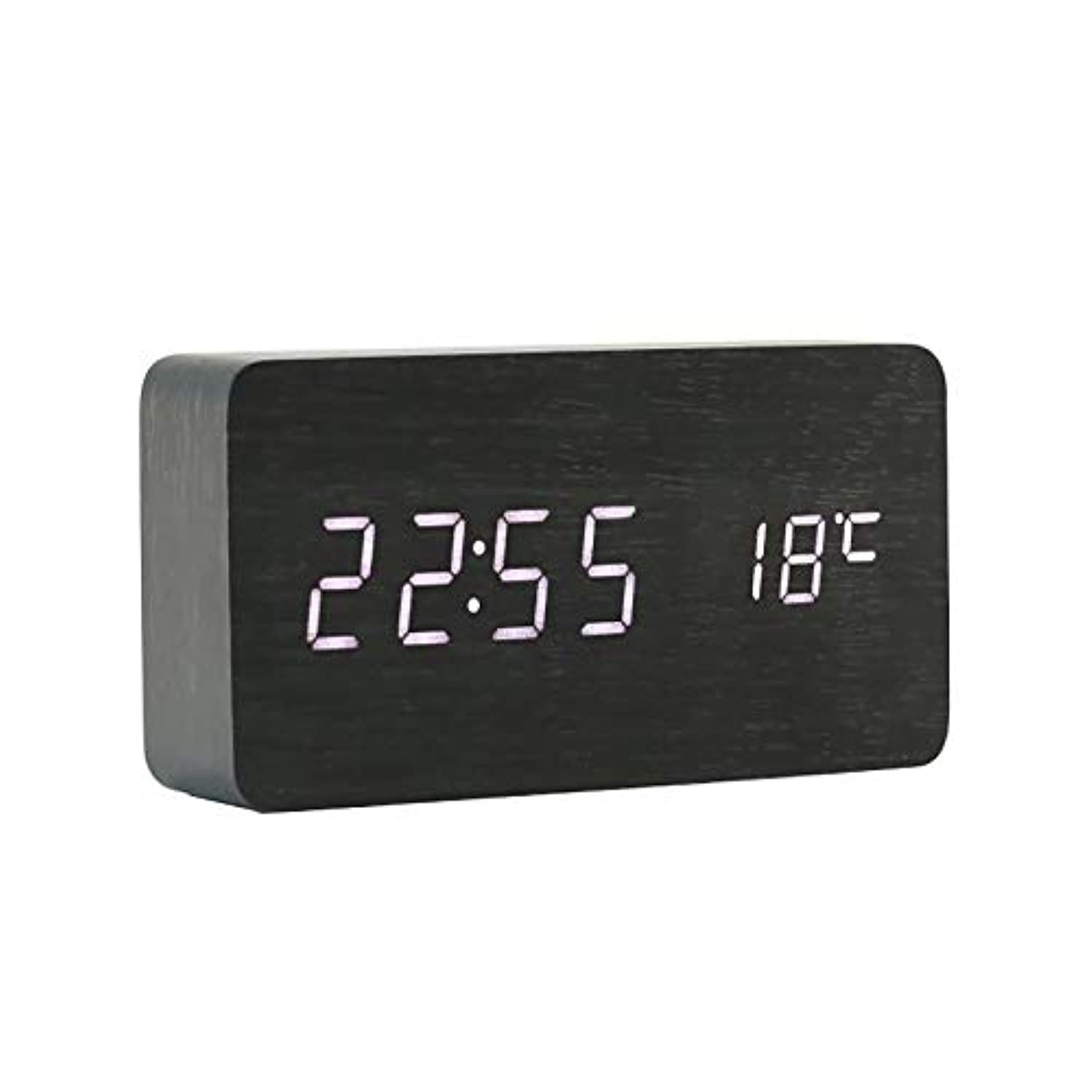 ThreeH Desk Wooden Alarm Clock Digital 3 Set of Alarm and Voice Control,Large Display Time Temperature,Date,USB or Battery Powered for Home,Kids,Bedroom,Office AC11 Black_White