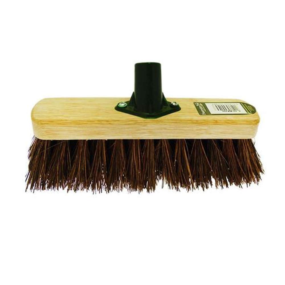 10” Broom Head with Natural Bassine Hard Bristle, Wooden Broom Head for Outdoor Sweeping Scrub Brush with Bracket Connector