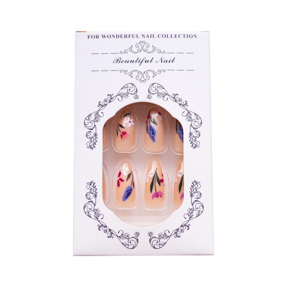 Almond Spring Press on Nails Colorful Flower Fake Nails Glossy Finish Acrylic Nails Press ons with Flowers Designs Cute Floral Finger Manicure Nail Kit Spring Summer Glue on Nails for Women 24Pcs - Image 5