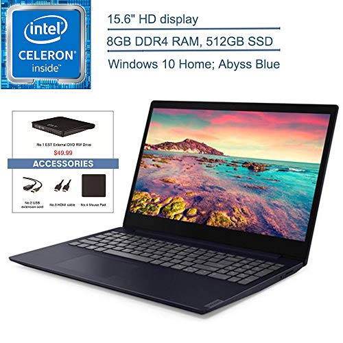 2019 Lenovo IdeaPad S145 15.6″ Laptop Computer, Intel Celeron 4205U 1.8GHz, 8GB DDR4 RAM, 512GB SSD, Bluetooth 4.1, USB 3.1, HDMI, Abyss Blue, Windows 10 Home + EST External DVD+ Accessories