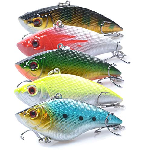 SunMine 5pcs Fishing Lures 2.76in/0.57oz Fishing Bass Lures VIB Lure Shallow Swimbait Crankbait with Treble Hook 3D Fishing Eyes for Bass Trout Freshwater and Saltwater