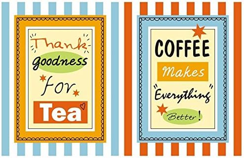 2 Pack Tea Towels Tea & Coffee, Novelty Bright Bold Design Stripes Frame, Orange Red Lime Green Blue Black, Velour Kitchen Towel