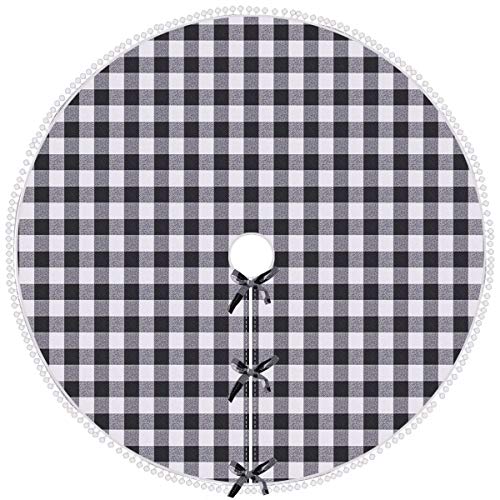 SevenFish 48 inch Buffalo Plaid Christmas Tree Skirt Black and White Buffalo Check Tree Skirt with Pom Pom for Christmas Decorations