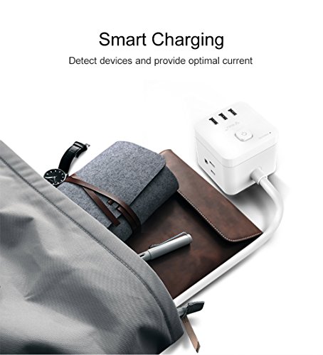 BULL Smart Power Strip Surge Protector with Rotating Flat Plug, USB charging station for desktop, nightstand and more, 3 USB 3AC Outlets Cubic Space Saving Design, 1875W, with 14AWG 5ft Extension Cord