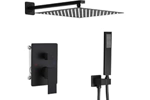 JingGang Matte Black Shower System 10 Inch Bathroom Luxury Rain Mixer Shower Combo Set Wall Mounted Rainfall Shower Head and Handheld System Shower Faucet Rough-in Valve Body and Trim Kit