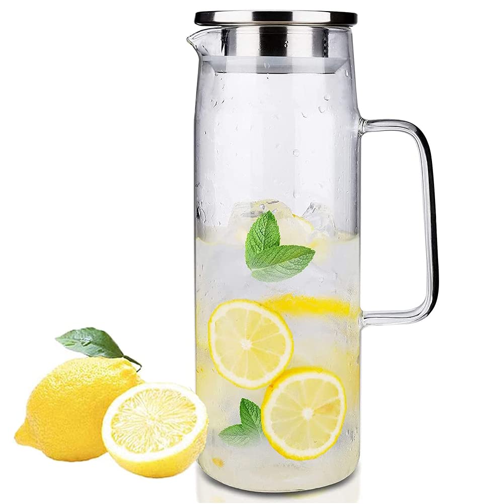 Webao Glass Pitcher 1.5 Litre Water Carafe with Stainless Steel Lid Ice Tea Juice Beverage Jug