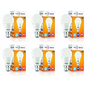 wipro 7W B22 LED Cool Day Light Bulb, Pack of 6, (Garnet)