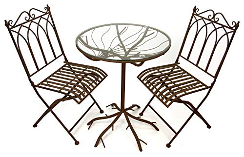 GeKi Trend Edles Bistroset Balkonset Metall Eisen Vintage Antik Bistrotisch mit 2 Stühlen und Glasplatte Outdoor Garten Bistro Set Balkon Set 3 teilig – Bild 2