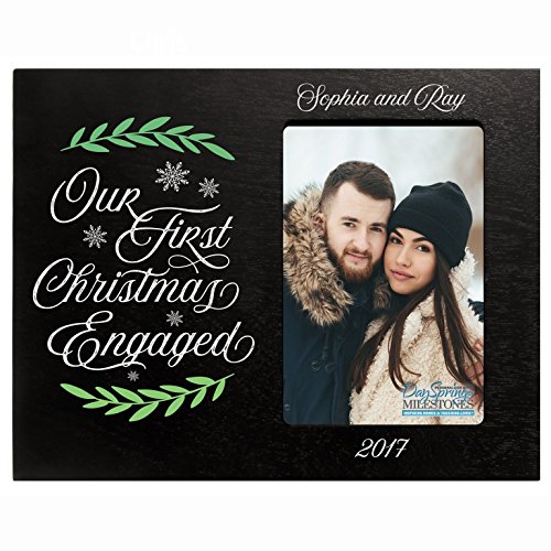 LifeSong Milestones Personalized Our First Christmas Engaged Wreath Printed photo frame holds 4x6 photograph Exclusively by (Our First Christmas Engaged Wreath)
