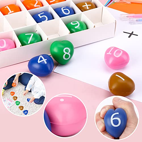 LOVESTOWN Math Stress Balls, 15PCS Multicolor Heart Shaped Balls Stress Relief Toys Squeeze Balls for Preschool Education Arithmetic Addition Subtraction Multiplication and Division