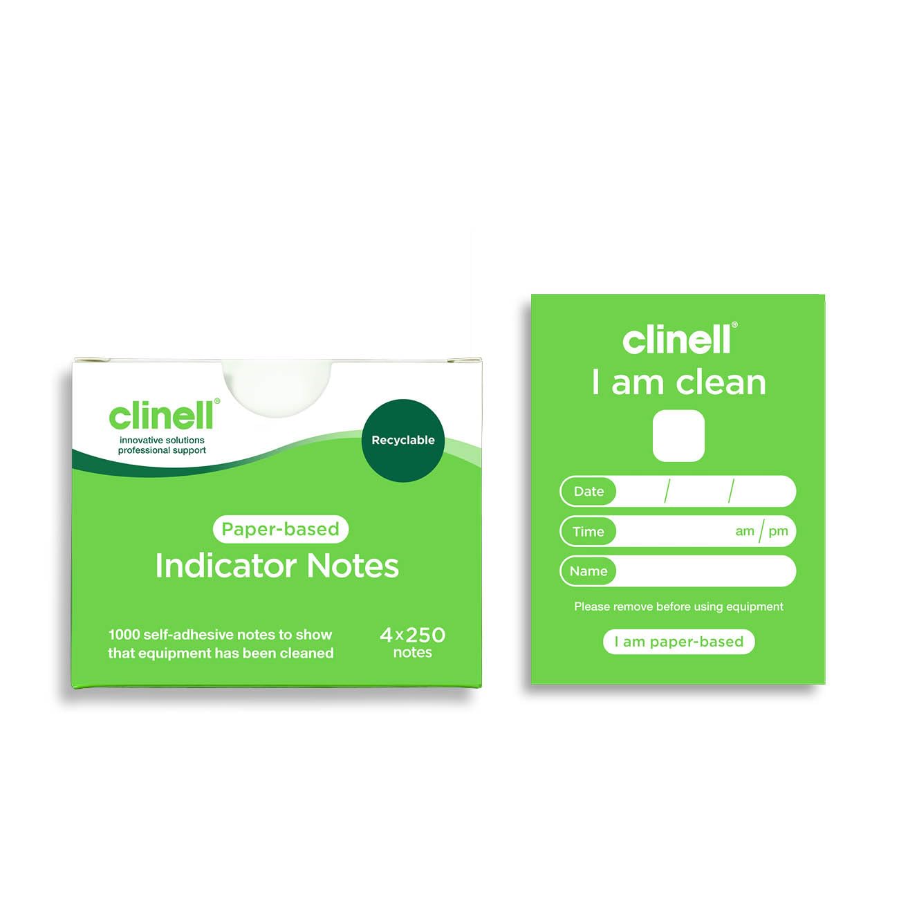 Clinell Indicator Notes - Sanitation Procedure Indicator Notes - Pack of 4 Pads - 250 Notes per Pad (1000 Notes) - Easy to Read - Green I Am Clean Notes