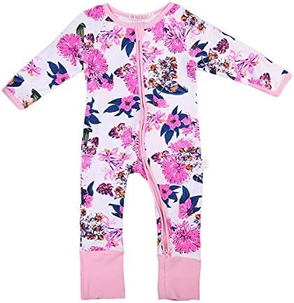 GSHOOTS Baby Girls' Long Sleeve Floral Zipper Pajama Jumpsuit Coverall (90/18-24 Months, Magpie and Chrysanthemum)