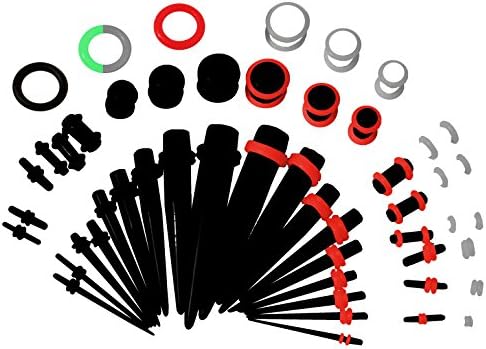 KingNQueen - 36 pc Set - Best Ear Stretching Tapers and Plugs Starter Kit - 00g to 14 gauges (1.6/2/2.5/3/4/5/6/8/10mm) - Stretch Earrings Men Jewelry (Black with Red &amp; EXTRA Glow in Dark O-Rings)