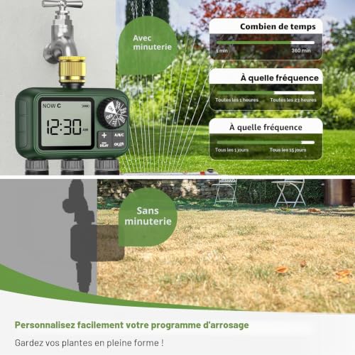 3 Way Water Timer with Brass Inlet, Large LCD Display, Automatic Watering for Garden, Programmable Irrigation, Simple Use, Rain Delay Manual Watering for Garden
