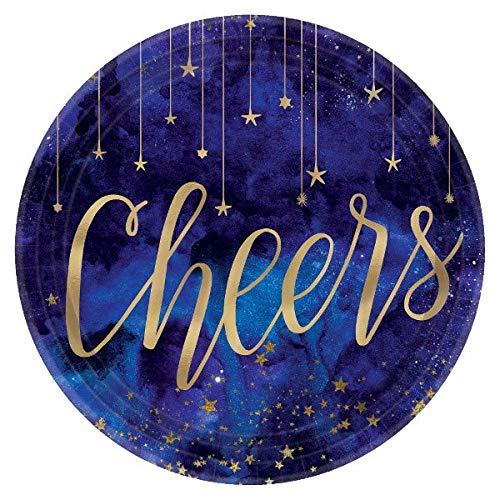 FAKKOS Design New Years Eve Party Supplies Pack - Elegant Midnight Blue and Gold Paper Plates, Napkins, Noisemakers for 16 Guests