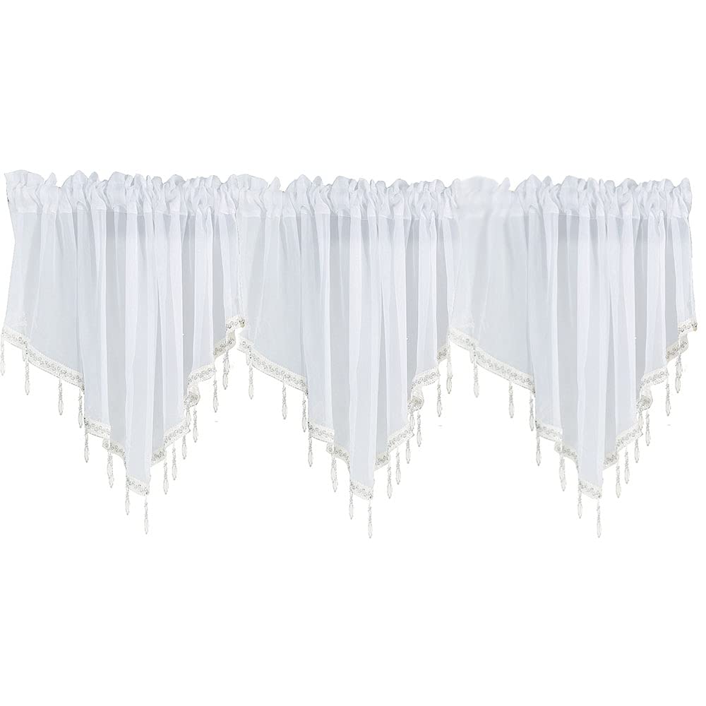 ANCLLO 3 Panels White Crushed Texture Sheer Voile Beaded Rod Pocket Curtain Valance 130 x 60cm