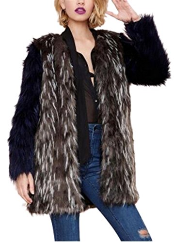 Women's Fashion Contrast Color Long Sleeve Winter Warm Faux Fur Coat Jacket